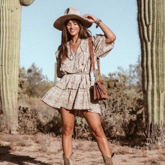 Brown boho gypsy Floral print ruffle mini dress - Picture 3 of 9